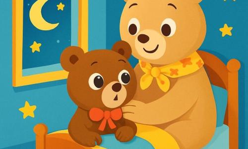 Un piccolo orsetto di peluche, chiamato Orso, è seduto sul suo letto, con grandi occhi rotondi e brillanti, mostrando un'espressione di curiosità mescolata a una leggera paura. Ha un pelliccia morbida e marrone, con un piccolo fiocco rosso attorno al collo. Mamma orsa, una grande orsa dolce e confortante, è accanto a lui, con un sorriso caloroso e occhi pieni d'amore, avvolgendolo tra le braccia. La scena si svolge in una cameretta, con pareti dipinte di azzurro cielo, stelle dorate attaccate al soffitto e una finestra aperta che lascia entrare una dolce luce di luna. Giocattoli colorati sono sparsi sul pavimento e una morbida coperta è piegata sul letto. Orso guarda fuori dalla finestra, meravigliato dalla notte stellata, mentre Mamma orsa gli sussurra parole rassicuranti per aiutarlo a superare la paura del buio.