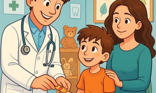 Un bărbat, doctorul Andrei, stă în cabinetul său medical, zâmbind cu bunătate. Poartă un halat alb impecabil, cu buzunare pline de unelte medicale. Părul său castaniu este ușor răvășit, iar ochii îi strălucesc de bunătate. El îi bandajează genunchiul unui băiat tânăr. Băiatul, Darius, are aproximativ opt ani, cu păr castaniu și ochi curioși. El stă pe un scaun, privindu-l pe doctor cu admirație, cu un zâmbet pe față. Lângă el, mama sa, o femeie de aproximativ treizeci de ani cu păr lung și creț, îl privește cu tandrețe, stând ușor înapoi. Cabinetul medical este luminos și primitor, cu pereți vopsiți în albastru deschis și afișe colorate despre sănătate. Jucăriile de pluș sunt împrăștiate pe o raft, iar un tablou mare arată desene ale copiilor pe tema sănătății. În această scenă, doctorul Andrei aplică un bandaj colorat pe genunchiul lui Darius, care are o mică zgârietură. Atmosfera este caldă și liniștitoare, plină de râsete și conversații prietenoase, ilustrând legătura de încredere între medic și tânărul său pacient.