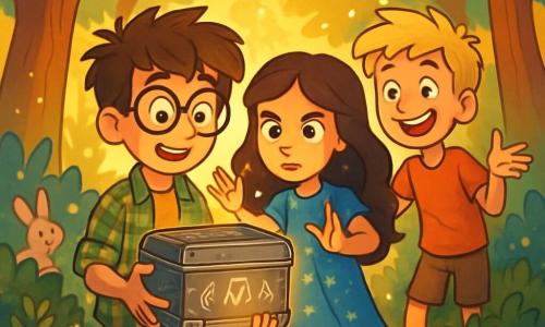 There are 3 characters: Leo, a 12-year-old boy with messy brown hair, wearing round glasses and a plaid shirt. He stands holding a mysterious device, his eyes sparkling with excitement. Mia, an 11-year-old girl with long wavy hair, is dressed in a blue dress adorned with sparkling stars. She stands next to Leo, hands raised, ready to cast a magic spell, with a determined expression on her face. Sam, a 12-year-old boy with tousled blond hair, is slightly behind, smiling broadly and making an exaggerated gesture as if telling a joke. The scene takes place in an enchanted forest filled with tall trees with golden leaves shimmering in the sunlight. Colorful flowers with cheerful petals grow around them, and magical creatures, like small animals with twinkling eyes, stir in the bushes. The main situation shows the three friends discovering a mysterious device, a large metal chest adorned with glowing symbols, emitting a soft light. They are surrounded by a magical atmosphere, with sparkles in the air and dancing shadows, ready to activate the device and embark on a new adventure.