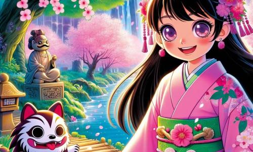 Uma jovem chamada Sakura, com cerca de 10 anos, está no centro da cena. Ela tem longos cabelos negros, brilhantes como seda, e usa um quimono rosa adornado com flores de cerejeira. Seu rosto ilumina-se com um sorriso curioso e determinado, e seus olhos brilham de excitação. Ao lado dela, uma estátua de Tanuki, um espírito travesso, com um grande sorriso e olhos maliciosos, parece piscar para ela. O fundo da ilustração mostra uma floresta encantada, com árvores majestosas de folhas verdes vibrantes e cerejeiras em flor, cujas pétalas rosas caem como neve suave. Ao longe, um lago brilha sob o sol, refletindo as cores vivas da natureza. Sakura avança por um caminho sinuoso, pronta para partir em uma aventura em busca do riso perdido de sua aldeia.