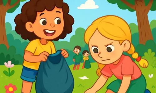 Er zijn 2 hoofdpersonages: - Sophie: een 8-jarig meisje met krullend bruin haar, gekleed in een gele t-shirt en een spijkerbroekshort. Ze houdt een grote vuilniszak vast en glimlacht vrolijk. - Lotte: een 7-jarig meisje met gevlochten blond haar, gekleed in een roze t-shirt en een groene rok. Ze raapt een stuk papier van de grond op, met een vastberaden blik. De twee meisjes bevinden zich in het midden van een groen park, omringd door majestueuze bomen met heldergroene bladeren. Kleurrijke bloemen, roze, gele en paarse, bedekken de grond, terwijl een kleine groep kinderen hen nieuwsgierig observeert. In de verte strekt een heldere blauwe lucht zich uit, bezaaid met enkele donzige witte wolken. De belangrijkste situatie toont Sophie en Lotte die het park aan het schoonmaken zijn, met afval verspreid om hen heen. De andere kinderen beginnen zich bij hen te voegen, gewapend met handschoenen en vuilniszakken, klaar om te helpen. De sfeer is vrolijk en dynamisch, wat de geest van kameraadschap en respect voor de natuur illustreert.