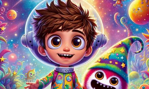 Um jovem chamado Lúcio, com cerca de 12 anos, está no centro da imagem, com cabelos castanhos bagunçados e olhos brilhantes de curiosidade. Ele usa um traje de astronauta colorido, decorado com padrões de dragões e estrelas, e exibe um grande sorriso de admiração enquanto explora um mundo fantástico. Ao seu lado, um Zorbulano, uma criatura redonda e peluda, com cerca de 1 metro de altura, com pelagem multicolorida e olhos redondos e brilhantes, levanta uma pequena mão em sinal de boas-vindas, cheio de entusiasmo. Outro Zorbulano, mais velho, com um chapéu de mágico em forma de cone de sorvete, observa Lúcio com um olhar benevolente e sábio. O cenário é uma paisagem extraterrestre vibrante, com árvores gigantes cujas folhas brilham em cores vivas, frutos flutuantes que parecem sussurrar segredos, e um céu estrelado repleto de planetas coloridos e nebulosas brilhantes. A cena mostra Lúcio e os Zorbulanos se preparando para embarcar na Nave Arcana, uma magnífica nave espacial com paredes de cristal cintilantes, que parece vibrar de energia mágica, enquanto se preparam para viver uma aventura incrível no espaço.