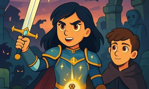 In the center of the image, a young warrior woman, Lyra Stormblade, stands proudly. She has hair as black as night, bright golden eyes filled with fierce determination, and wears shimmering armor adorned with star patterns. Her expression is resolute and brave as she wields her sword, Starlight, which emits a magical glow. Beside her is a young man named Kael, around 18 years old, dressed in a dark cloak. His face shows early wisdom, and he watches Lyra with admiration, ready to assist her in her quest. The setting is the Ruins of Valoria, a mysterious and ancient place with moss-covered stones and broken statues, under a twilight sky where shadows dance. The scene captures the moment when Lyra, determined, prepares to seize the Amulet of Asteria, illuminated by a golden light, while shadowy creatures gather around them, creating an atmosphere of tension and adventure.