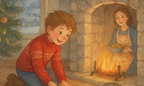 An 8-year-old boy, joyful and awestruck, gently places a white letter at the foot of a large stone fireplace; he has tousled light-brown hair, rosy cheeks, a red patterned wool sweater and muddy leather boots, while his smiling, kind mother (about 30–35) watches from the doorway to the right in a floral apron holding a cookie tin; a gray tabby cat is curled on the rug before the crackling fire in a warm, old living room with worn wooden floors, a Persian rug, a decorated pine branch at left and a frosted window showing snowy hills and village lampposts — an intimate Christmas moment as the child leaves a letter for Santa, lit in soft watercolor tones with warm firelight against the cold blue night, creating a calm, magical sense of anticipation.