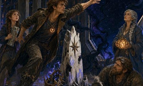 Orin, a 25–30-year-old man with a lean face, tousled brown hair and bright eyes, looks determined as he leans forward to throw a small glowing portable totem through a hatch into space; his posture is tense, muscles visible, wearing a worn jacket and a chain with a dark disc that emits a warm glow. Behind him to the left stands Jessa, a ~14-year-old girl with a long braid and a round, awed face, clutching another totem, frightened but brave. To the right stands Liora, a 35–40-year-old olive-skinned woman with a long silver braid and a flowing coat, holding a glowing spherical lantern and watching with relieved worry. Brann, a robust ~40-year-old man with large grease-darkened hands, is crouched by a cable console with a smoking tool, as if he just unplugged a metal crown on the floor. The scene is an industrial-gothic communications hall inside a space station: striped metal floor, walls covered in glittering cables, tall dark stone columns carved with star motifs, a jagged bleached central totem with a broken mechanical crown at its base, and swirling black shadows pouring toward the hatch. The dramatic moment: Orin throws the luminous decoy totem into the starry void as the hatch opens, colored energy flashes (blue, purple, copper) burst against the gloom; dynamic composition, strong face lighting, thick painted texture, contrasting palette of deep black, blue, warm copper and pearl white.
