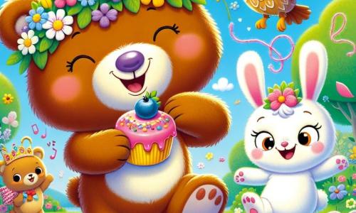 A little brown bear named Benny, with a big joyful smile and sparkling eyes, wears a crown of wildflowers on his head. He dances while holding a small bear-shaped cake with a blueberry on top, laughing. Next to him, a little white bunny named Lulu, with big upright ears and a mischievous face, jumps for joy while waving strands of sparkling pink yarn. A wise owl named Ollie, with brown feathers and large round eyes, flies in circles around them, wearing an amused smile. The scene takes place in a sunny garden in Berryville, filled with colorful flowers, lush trees, and a bright blue sky. In the center, Benny, Lulu, and Ollie celebrate Mother's Day with a joyful parade, singing and laughing together, surrounded by gently falling flower petals.