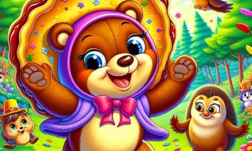 Tobia, un orso di peluche dal pelo marrone cioccolato con grandi occhi scintillanti e un ampio sorriso, è travestito da pancake gigante con una grande padella come cappello. Ballando felicemente in mezzo alla radura, è circondato da fiori colorati e raggi di sole che filtrano attraverso gli alberi. Gilda, un piccolo riccio con aculei dorati e occhi curiosi, si trova accanto a lui ridendo, mentre Ernesto, un saggio gufo dalle piume brune e occhiali tondi, osserva la scena con un sorriso divertito, posato su un ramo basso. La radura è piena di vegetazione lussureggiante, con fiori brillanti e un cielo blu chiaro, creando un'atmosfera gioiosa. Tobia cerca di far ridere tutti gli animali della foresta con le sue danze buffe e le sue barzellette, mentre una pioggia di piume colorate esce da una scatola a sorpresa, provocando risate tra gli spettatori.