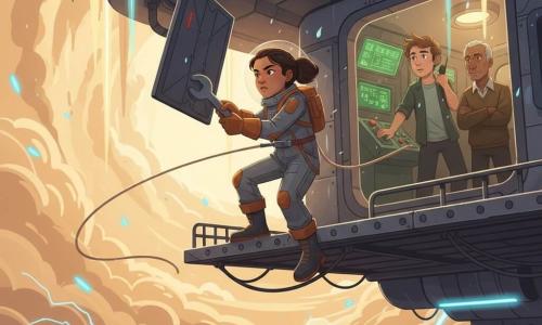 Commander Mara Elian, a small, determined woman with hair pulled back, in a gray-and-orange spacesuit with magnetic boots and thick gloves, clings beneath the floating city Zephyria to a riveted metal walkway, using a clamp and a magnetic tether to secure a flapping panel while wind bends the structure and lightning streaks the amber cloud sea below; behind her, Juno Park, a tousled, anxious yet supportive man in his 30s, operates a console with green screens inside an airlock canopy and speaks into his radio, while Dockmaster Rell, an older silver-haired man of about 55, watches from a porthole with crossed hands; the scene is dynamic and tense, with condensed droplets, strong shadows, and warm ambers and oranges contrasted by cold blue neon.