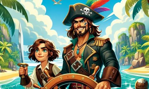 A cena retrata a Capitã Lúcia, uma mulher pirata destemida de cerca de 30 anos, com longos cabelos castanhos e uma cicatriz distintiva no rosto. Ela usa um chapéu de pirata adornado com penas coloridas e uma jaqueta de couro, exibindo uma expressão de determinação e coragem, brandindo uma espada brilhante, pronta para defender seu tesouro. Ao seu lado está Olavo, um rapaz jovial de aproximadamente 25 anos, com cabelos cacheados e um largo sorriso, manobrando o leme do navio com uma atitude divertida e confiante. Sofia, uma jovem de cerca de 20 anos, com cabelos curtos e olhos vivos, está inclinada sobre um mapa, buscando o caminho para a próxima aventura, com uma expressão concentrada. O local é uma magnífica ilha tropical, com palmeiras verdes, praias de areia dourada e rochas íngremes. Ao fundo, o céu é de um azul brilhante, salpicado de nuvens brancas, e o mar brilha sob o sol, criando uma atmosfera de aventura e mistério. A situação principal mostra Lúcia e sua fiel equipe se preparando para defender seu tesouro contra a ataque de piratas rivais, com ondas quebrando ao redor do navio e uma tensão palpável no ar, ilustrando coragem e espírito de equipe diante do perigo.