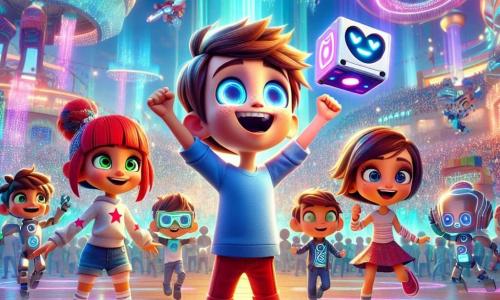Max, un băiețel cu forma unei cutii de jucării, cu ochi strălucitori și un zâmbet mare, stă în centrul unui parc futurist, uimit de culorile vii și hologramele din jur. Poartă un tricou albastru și pantaloni roșii, iar brațele îi sunt ridicate de bucurie. În dreapta lui, Lila, o fetiță cu părul roșu și ochelari în formă de stea, sare de bucurie, ținând o mică telecomandă holografică, cu fața strălucind de entuziasm. În stânga, Alex, un băiat înalt cu părul brun și ochelari care își schimbă culoarea, observă o mașină zburătoare pe care tocmai au creat-o, având o expresie concentrată și determinată. În fundal, parcul este plin de roboți dansatori, drone colorate și structuri futuriste strălucitoare sub un cer albastru strălucitor. Situația principală îi arată pe Max și prietenii săi distrându-se și explorând această lume tehnologică, înconjurați de magie și inovație, pregătiți pentru o aventură de neuitat.