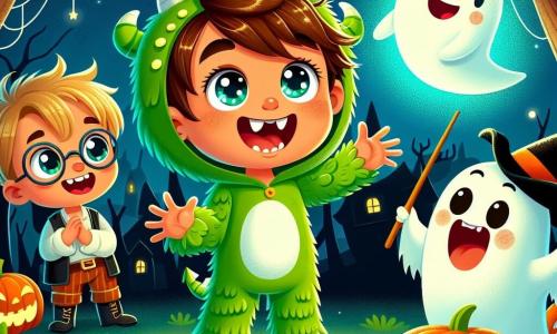 Un bambino di 4 anni, Marco, con capelli castani disordinati e occhi scintillanti di curiosità, indossa un costume da piccolo mostro verde con denti bianchi e un grande sorriso. È in piedi in un giardino buio, con le braccia alzate, meravigliato dalla magia che lo circonda. Accanto a lui, il suo amico Luca, un bambino di 4 anni con capelli biondi e occhiali rotondi, sorride indicando una stella brillante nel cielo. Indossa un costume da pirata con un cappello nero e una spada di plastica. Un piccolo fantasma amichevole di nome Fantino, fluttuando leggermente sopra il suolo, è bianco e morbido, con un grande sorriso e occhi rotondi. Sta raccontando una storia, con le braccia aperte, catturando l'attenzione di Marco e Luca. Il giardino è pieno di decorazioni di Halloween: zucche sorridenti, ragnatele scintillanti e stelle brillanti nel cielo notturno. Gli alberi sono scuri e misteriosi, creando un'atmosfera magica. La scena principale mostra Marco e Luca, meravigliati, mentre ascoltano Fantino raccontare storie magiche sotto la luce delle stelle, pieni di eccitazione e gioia.