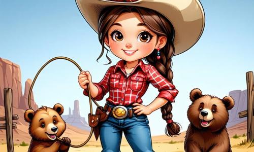 Clara, uma jovem cowgirl de 10 anos, está no centro da imagem, com um grande sorriso no rosto. Ela usa um chapéu de cowboy bege, uma camisa xadrez vermelha e um jeans azul, segurando firmemente um laço na mão. Seus cabelos castanhos estão presos em uma trança que cai sobre o ombro. Ao seu lado, Bolinha, um pequeno urso marrom com olhos brilhantes, observa Clara com admiração, suas patas dianteiras levantadas como se quisesse ajudar. Ao fundo, a mãe urso, uma grande ursa de pelagem marrom escura, está perto da entrada de uma caverna misteriosa, com olhos cheios de gratidão. O cenário é um vale ensolarado, cercado por montanhas majestosas com picos nevados, e uma cachoeira cintilante que deságua em um pequeno riacho. Flores silvestres coloridas adornam o solo, adicionando um toque de magia à cena. A situação principal mostra Clara, determinada e corajosa, pronta para enfrentar os bandidos que ameaçam o tesouro escondido atrás da cachoeira, enquanto Bolinha a encoraja com um olhar cheio de confiança.
