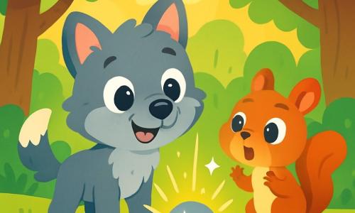 Een kleine wolf met zachte grijze vacht, grote glanzende ogen en een verwonderde glimlach staat voor een sprankelende steen die lichtflitsen uitstraalt. Hij lijkt blij en nieuwsgierig, met zijn oren rechtop en zijn kwispelende staart. Naast hem staat een klein eekhoorntje met een rossige vacht en sprankelende ogen, dat de steen met bewondering bekijkt, zijn kleine pootjes omhoog alsof hij het licht wil aanraken. De scène speelt zich af in een betoverd bos, omringd door dikke bomen en levendig groene bladeren, terwijl zonnestralen door het loof filteren en een magische, warme sfeer creëren. De kleine wolf en het eekhoorntje ontdekken samen de schitterende steen, die vreugde en verrassingen symboliseert, terwijl ze een moment van verwondering en vriendschap delen in de natuur.
