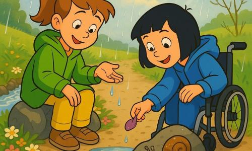 Dos niñas: Paula (~9) con coleta castaña, chaqueta verde clara y chubasquero verde manzana, sentada en una piedra junto al camino con la mano abierta recogiendo gotas y sonriendo hacia un charco que refleja el cielo; Vega (~10) de pelo negro corto, chubasquero azul intenso, en silla de ruedas detrás a la derecha, inclinada mostrando un pétalo morado y mirando un caracol en una piedra. Camino rural ancho de grava clara, bordes con flores bajas (margaritas blancas y flores amarillas y rosas), a la izquierda una acequia con agua clara sobre piedras, a la derecha un prado verde con hierba alta y brotes; cielo parcialmente nublado con rayos de sol entre gotas; lluvia ligera que crea pequeñas ondas en los charcos y brillo en hojas y pétalos. Momento tranquilo de descubrimiento, colores saturados, contrastes cálidos en las flores y tonos fríos en el agua y la ropa, perspectiva baja, estilo cartoon años 90, líneas limpias y expresiones suaves.