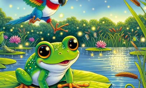 Filomena, una pequeña rana verde con grandes ojos brillantes y una sonrisa traviesa, está posada sobre una hoja de loto al borde del lago, con las patas en el aire, lista para saltar con entusiasmo. A su lado, Ernesto, un loro colorido con plumas brillantes de rojo, azul y amarillo, se encuentra en una rama, gritando ánimos con un aire alegre. Al fondo, el lago brilla bajo la luz de la luna, rodeado de bonitos juncos y flores acuáticas, creando una atmósfera mágica y nocturna. La escena muestra a Filomena a punto de realizar un salto espectacular al agua, mientras luciérnagas iluminan el cielo estrellado, añadiendo un toque de fantasía a este momento de competencia amistosa.