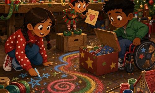 Hay tres personajes: Ana, niña de 7 años, trenzas castañas, suéter rojo con lunares blancos, agachada a la izquierda dibujando estrellas con una tiza azul; Mateo, niño de 7 años, pelo corto negro, chaqueta verde, sentado en una pequeña silla de ruedas roja con ruedas decoradas con pegatinas de estrellas a la derecha, mirando una caja abierta; y un duende travieso de unos 30 cm, con gorro verde y pompón dorado, túnica roja y verde, ojos pícaros, en el centro sobre una caja bow haciendo una reverencia y sosteniendo un pergamino con un corazón. El lugar es un taller de Navidad cálido y abarrotado con una gran mesa de madera llena de cintas, botones, miniaturas, pinturas y migas, un árbol decorado en una esquina, guirnaldas doradas, ventanas con copos de nieve y luz amarilla suave; el suelo de tablas muestra una pista multicolor de tiza que conduce a la caja del duende. Situación: descubrimiento alegre: los niños siguen la pista de tiza y confeti hasta el duende que revela cartas y una caja de mensajes; atmósfera luminosa y cálida, expresiones maravilladas, colores vivos y estilo de dibujo animado noventero, apto para niños.