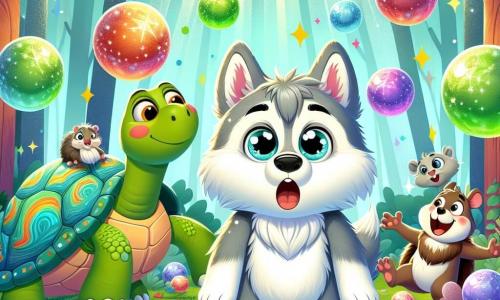 Un pequeño lobo llamado Lupo, con un suave pelaje gris y ojos brillantes como estrellas, se encuentra en el centro de la escena, sorprendido y divertido, rodeado de globos coloridos que flotan a su alrededor. A su derecha, una gran tortuga sonriente, con un caparazón decorado con patrones coloridos, se mueve lentamente, curiosa y maravillada por la magia que la rodea. A la izquierda, un pequeño ratón de pelaje marrón, con ojos traviesos, trepa por el hombro de Lupo, riendo alegremente de la situación. La escena tiene lugar en un claro encantado, donde majestuosos árboles con hojas brillantes crean un marco mágico, y el suelo está cubierto de flores vibrantes y setas coloridas. Al fondo, rayos de sol filtran a través de las ramas, creando una atmósfera cálida y alegre. Lupo, al intentar realizar un hechizo, ha transformado accidentalmente piedras en globos flotantes, provocando risas entre los animales del bosque, que se reúnen para admirar el espectáculo inesperado.