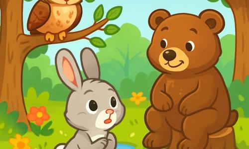 Ein kleiner Hase namens Felix mit großen Ohren und weichem, grauem Fell steht am Ufer eines glitzernden Baches. Seine Augen leuchten vor Neugier und Staunen, während er die Spiegelungen im Wasser beobachtet. In der Nähe sitzt eine weise Eule mit braunen Federn und großen, runden Augen auf einem Ast und schaut Felix mit einem wohlwollenden Lächeln an, bereit, ihr Wissen zu teilen. Ein alter Bär mit braunem Fell und sanften Augen sitzt auf einem Baumstumpf und lächelt, während er dem Gespräch zwischen Felix und der Eule zuhört. Der Ort ist eine sonnige Lichtung, umgeben von großen Bäumen mit leuchtend grünen Blättern und bunten Blumen, die im Wind tanzen. Der kristallklare Bach schlängelt sich fröhlich durch das Grün und verleiht der Szene einen Hauch von Magie. Felix, der neugierige Hase, stellt der Eule eine Frage und sucht Antworten über den Sinn des Lebens, während der Bär aufmerksam zuhört und eine Atmosphäre des Lernens und der Freundschaft schafft.