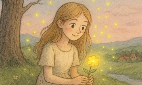 Giovane donna seduta sull'erba, volto dolce e sorriso timido, occhi brillanti come piccole lanterne, lunghi capelli dorati a ciocche sottili, vestito semplice crema, tiene delicatamente un piccolo fiore luminoso sul grembo; a sinistra un grande albero antico dal tronco largo e rugoso con una grande foglia brillante su un ramo e rami inclinati verso di lei; molte lucciole giallo-verdi danzano a corona attorno a lei, alcune vicine al fiore; cima di una collina erbosa al crepuscolo, prato punteggiato di piccole fioriture bianche, cielo pastello rosa e azzurro, ruscello argentato in basso e villaggio dai tetti rossi in lontananza; scopre un fiore magico che emette una dolce luce dorata che illumina il suo volto, atmosfera calma e incantata, composizione incentrata sulla relazione intima tra la donna e il fiore.