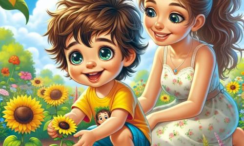 Un ragazzino di 4 anni, di nome Luca, con grandi occhi brillanti e capelli castani in disordine, sta piantando un seme di girasole in un giardino soleggiato. Indossa una maglietta gialla e un pantaloncino blu, e il suo viso emana gioia ed eccitazione. Accanto a lui, sua madre, una donna di circa 30 anni con capelli lunghi e ondulati legati in una coda di cavallo, sorride tenendo un piccolo sacchetto di semi. Indossa un vestito leggero a fiori ed è accovacciata vicino a Luca, incoraggiandolo con tenerezza. Il giardino è pieno di fiori colorati, vegetazione lussureggiante e farfalle che svolazzano nell'aria. Il cielo è di un blu brillante, punteggiato da alcune nuvole bianche e soffici, e il sole splende calorosamente sulla scena. Luca, con un'espressione concentrata e felice, scava un piccolo buco nella terra con le mani per mettere il seme, mentre sua madre gli mostra come fare, creando un momento magico di complicità e scoperta nel cuore della primavera.