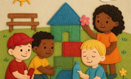 Ci sono quattro bambini di 4 anni che costruiscono insieme una piccola casa colorata di legnetti rossi, verdi e blu su un prato: Luca, bambino italiano dalla pelle chiara con capelli castani corti e un piccolo cappellino rosso, seduto a sinistra con un legnetto rosso che sorride guardando la casa; Amir, bambino di origine nordafricana dalla pelle bronzea e capelli neri corti, al centro-sinistra che posa un legnetto verde come se spingesse un trenino; Tommi, bambino dalla pelle chiara e capelli biondi con maglietta blu, seduto a destra un po' indietro, stanco ma contento mentre tiene una bottiglia d'acqua offerta da Amir; Sara, bambina di origine subsahariana o caraibica con capelli castani ricci e pelle scura, arriva da destra e aggiunge un piccolo fiore di carta rosa alla casa; lo sfondo è un piccolo parco con prato verde, fiori gialli e bianchi cuciti, una panchina stilizzata, nuvole di feltro bianche e un sole di stoffa giallo, la scena evoca aiuto reciproco, diversità e gesti affettuosi.