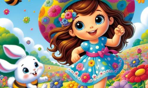 Una bambina di 6 anni, di nome Sofia, con lunghi capelli castani e occhi pieni di curiosità, corre felicemente in un campo di fiori colorati. Indossa un vestito a pois blu e un grande cappello colorato che svolazza nel vento, il suo viso splendente di eccitazione e determinazione. Accanto a lei, un coniglio bianco dalle grandi orecchie salta gioiosamente tra i fiori, sembrando incoraggiare Sofia nella sua avventura. Un po' più in là, un'ape sorridente, con strisce gialle e nere, vola intorno a loro, pronta ad aiutarli. Il luogo è un campo soleggiato, pieno di fiori vivaci di tutti i colori: rossi, gialli, viola e rosa, sotto un cielo azzurro chiaro punteggiato di nuvole bianche e soffici. La scena principale mostra Sofia, il coniglio e l'ape in corsa, mentre inseguono un orsetto di peluche che vola dolcemente nell'aria, creando un momento pieno di movimento e gioia, ricco di risate e amicizia.