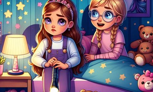 A 10-year-old girl, Lila, with long brown hair and sparkling eyes, is sitting on her bed surrounded by stuffed animals. She has a hesitant and curious expression, her brows slightly furrowed, as she looks at a shadow projected on the wall. Next to her, her best friend, a 10-year-old boy named Zoe, with blonde hair and round glasses, smiles encouragingly while holding a flashlight that softly illuminates the room. The room is decorated with colorful posters of unicorns and shining stars, with a fluffy rug on the floor. Toys are scattered around them, and a soft night light casts a reassuring glow. The main scene shows Lila and Zoe discussing their fears, with the flashlight illuminating the dark corners of the room, creating a mysterious yet comforting atmosphere.