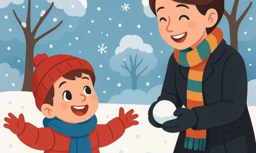 Een jongetje van 4 jaar, Lucas, met roze wangen en sprankelende ogen, draagt een dikke rode jas en een blauwe sjaal. Hij glimlacht verwonderd met zijn armen wijd open, klaar om de sneeuwvlokken te vangen die zachtjes om hem heen vallen. Naast hem staat zijn moeder, een vrouw van ongeveer 30 jaar met bruin haar in een knot en een warme glimlach, die een zwarte jas en een kleurrijke sjaal draagt. Ze leunt iets naar Lucas voorover, lacht en moedigt hem aan om in de sneeuw te spelen. De scène speelt zich af in een winterpark, waar grote bomen bedekt zijn met een dikke laag witte sneeuw. De grond is ook bedekt met een zachte, poederachtige laag, en sneeuwvlokken vallen langzaam uit de grijze lucht. Lucas en zijn moeder maken sneeuwballen en lachen samen in deze rustige en blije sfeer.