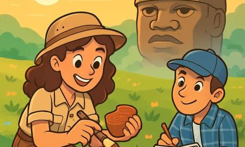Een jonge archeologe, Maya, een vrouw van ongeveer 25 jaar met krullend bruin haar, een verwonderde glimlach en sprankelende nieuwsgierige ogen, zit in een uitgestrekt groen veld en borstelt voorzichtig een mysterieuze fragment van oude aardewerk. Naast haar observeert Tomás, een 27-jarige jongen met een blauwe pet en een geruite shirt, aandachtig en noteert details in zijn notitieboekje, met een opgewonden uitdrukking op zijn gezicht. De locatie is een zonnige vlakte, bezaaid met kleurrijke wilde bloemen, met op de achtergrond een grote rots in de vorm van een Olmeeks hoofd die majestueus oprijst, omgeven door lichte mist. De hoofdscène toont Maya geconcentreerd op haar ontdekking, omringd door kleine archeologische gereedschappen, terwijl de ondergang van de zon de scène baadt in een gouden licht, wat een sfeer van mysterie en avontuur creëert.