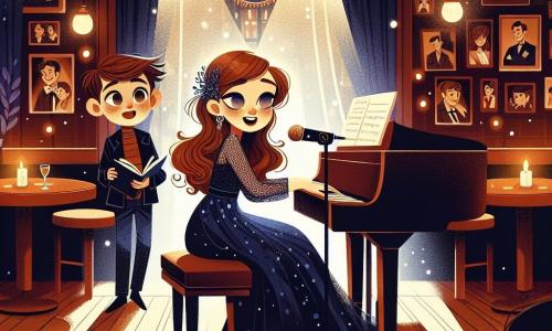 Eine junge Frau, Mia, sitzt am Klavier in einem Jazzclub, ihre Augen strahlen vor Emotion und Leidenschaft, während sie mit einer sanften, melodischen Stimme singt. Sie hat lange, wellige braune Haare und trägt ein elegantes, nachtblaues Kleid, das im gedämpften Licht des Clubs leuchtet. Neben ihr sitzt ein 12-jähriger Junge, Max, mit kastanienbraunen Haaren und funkelnden Augen, der sie bewundernd beobachtet, mit einem Notizbuch in der Hand, bereit, Ideen für seine eigenen Lieder aufzuschreiben. Der Club ist warm und einladend, mit Holztischen, flackernden Kerzen und Wänden, die mit Fotos berühmter Musiker geschmückt sind, was eine intime und magische Atmosphäre schafft. Die Hauptbühne zeigt Mia und Max, die zusammen improvisieren, eine fröhliche Melodie schwebt in der Luft, während das Publikum gebannt der Magie der Musik lauscht.