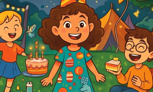 Ein 12-jähriges Mädchen, Mia, mit lockigem braunem Haar und strahlenden Augen, steht im Mittelpunkt einer großen Geburtstagsfeier. Sie trägt ein buntes Kleid mit Kuchen- und Ballonmotiven und ein großes Lächeln erhellt ihr Gesicht. Neben ihr tanzt Lotte, ein 12-jähriges Mädchen mit geflochtenem blondem Haar, fröhlich und hält einen großen Sternballon. Ben, ein 12-jähriger Junge mit Brille und zerzaustem braunem Haar, sitzt auf einem Stuhl, lacht laut und hält ein Stück Kuchen in der Hand. Die Kulisse ist eine weite, verzauberte Wiese, gefüllt mit bunten Zelten, funkelnden Lichterketten und Tischen voller Süßigkeiten: Kuchen, Bonbons und sprudelnde Getränke. Zuckerrohrbäume umgeben den Raum, während glänzende Sterne in einem Dämmerhimmel funkeln. Die Hauptsituation zeigt Mia und ihre Freunde, die ihren Geburtstag feiern, umgeben von magischen Wesen und festlichen Dekorationen, alle lachen und haben Spaß zusammen, was eine Atmosphäre von Freude und Magie schafft.