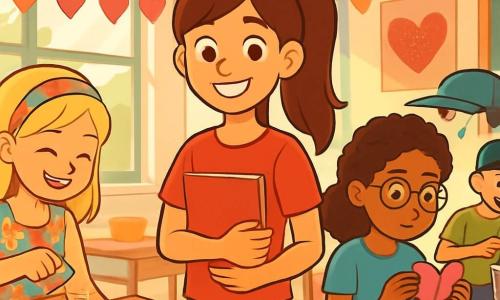 Há 4 personagens: - Lara: uma menina de 12 anos, com cabelos longos castanhos presos em um rabo de cavalo, vestindo uma camiseta vermelha e jeans. Ela segura um caderno vermelho nas mãos e sorri, de pé no centro da imagem. - Bia: uma menina de 12 anos, com cabelos loiros e uma faixa colorida, vestida com um vestido de flores. Ela está à esquerda de Lara, polvilhando purpurina em um grande cartaz cor-de-rosa. - Nati: uma menina de 12 anos, com óculos e cabelos cacheados, vestindo uma camiseta azul e um short. Ela está à direita de Lara, segurando um origami em forma de coração, com um olhar concentrado. - Kiko: um menino de 12 anos, com cabelos curtos e um boné, vestido com uma camiseta verde e calças pretas. Ele está ligeiramente ao fundo, batendo em uma lata, criando música alegre. O local é uma sala de aula decorada para a festa de São Valentim, com guirlandas de corações de papel penduradas no teto, mesas cobertas com papéis coloridos e cartazes brilhantes nas paredes. A luz do sol entra pelas janelas, iluminando o espaço com uma atmosfera calorosa e festiva. A situação principal mostra as crianças preparando uma festa de São Valentim, com risadas e sorrisos, cada uma cuidando de uma tarefa: Lara escreve mensagens em corações de papel, Bia decora um cartaz, Nati dobra origamis e Kiko faz música com objetos reciclados. A atmosfera é alegre e colaborativa, cheia de criatividade e amizade.