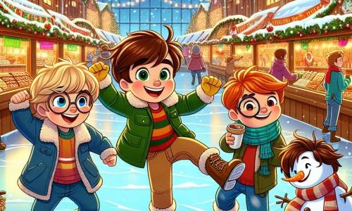 Vier jongens van acht jaar staan in het midden van een grote en feestelijke kerstmarkt in Sneeuwstad. Tim, met bruin haar en sprankelende ogen, draagt een dikke groene jas en gele handschoenen, hij glimlacht terwijl hij zijn armen opsteekt om te dansen. Rechts van hem staat Jesse, een jongen met blond haar en ronde bril, die lacht terwijl hij een kop warme chocolademelk vasthoudt. Sam, met kastanjebruin haar en een blauwe sjaal, maakt blije dansbewegingen, terwijl Finn, de kleinste met rood haar en een grote gestreepte sjaal, een sneeuwpop nadoet door zich naar voren te buigen. De markt is verlicht met kleurrijke slingers, met houten kraampjes die lekkernijen en glinsterende versieringen verkopen. Sneeuwvlokken vallen zachtjes en bedekken de grond met een witte, glanzende laag. Op de achtergrond schitteren sneeuw- en ijsbeelden onder de lichten, wat een magische sfeer creëert. De hoofdscene toont de jongens die samen dansen en plezier hebben, omringd door lachen en muziek, terwijl ze vol verwachting wachten op de grote ceremonie van de magische klokken die het nieuwe jaar aankondigt.
