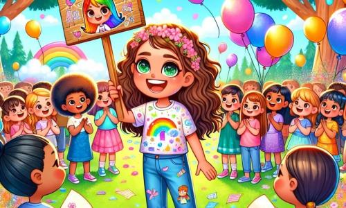 Al centro dell'immagine, una ragazza di 11 anni di nome Sofia, con capelli ricci e castani, occhi verdi brillanti di curiosità, sta in piedi con un grande sorriso sul volto. Indossa una maglietta colorata con un logo ispiratore sull'uguaglianza di genere e jeans. Sofia tiene un pannello di legno decorato con disegni colorati, invitando le persone a un evento sull'uguaglianza di genere. Accanto a lei, la sua migliore amica Chiara, anch'essa di 11 anni, ha capelli lunghi e lisci e indossa un vestito a fiori. Sta distribuendo volantini ai passanti, con uno sguardo determinato ed entusiasta. Sullo sfondo, bambini di diverse origini etniche, ragazzi e ragazze, ascoltano attentamente, alcuni applaudendo e altri prendendo appunti, tutti riuniti in un parco verdeggiante pieno di fiori colorati e alberi maestosi. La scena si svolge in un parco soleggiato, dove palloncini fluttuano nell'aria e bandierine colorate sono appese agli alberi, creando un'atmosfera festosa e accogliente. La situazione principale mostra Sofia e Chiara, piene di energia e passione, mentre presentano il loro progetto sull'uguaglianza di genere, ispirando così i loro compagni a credere nei propri sogni e a unirsi per un mondo migliore.
