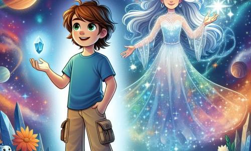 A young boy named Oliver, around 12 years old, stands at the center of the image, his eyes shining with excitement and determination. He has messy brown hair, a blue t-shirt, and cargo pants, holding a glowing crystal in his hand that emits a soft golden light. Beside him, Liora, a mysterious woman in her 30s with long silver hair sparkling like stars, floats slightly above the ground. She wears an ethereal dress in galaxy colors and smiles kindly while raising her hand to conjure bursts of light around them. In the background, a cosmic landscape stretches endlessly, with colorful planets, swirling nebulae, and twinkling stars illuminating space. Their spaceship, the Celestial Voyager, shines with a silver glow, anchored on a floating platform in this enchanting setting. The scene depicts Oliver and Liora preparing to confront the formidable space pirate, Captain Zarkon, looming on the horizon, his dark ship threatening in the darkness, while Oliver bravely stands ready to defend the universe with the power of the crystal.