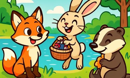 Max, a young red fox with sparkling eyes and shiny fur, stands by a shimmering lake, smiling in awe of the beauty of summer. Next to him, Ivy, a rabbit with big ears and soft fur, jumps for joy, her eyes shining with excitement, holding a basket filled with colorful berries. Hedge, a brown badger with mischievous features, watches with a knowing smile, sitting on a rock while munching on a crunchy carrot. In the background, the lake is surrounded by vibrant wildflowers and tall trees with green leaves, while a clear blue sky is dotted with fluffy white clouds. The scene captures the joyful moment when Max and his friends prepare for a day of summer adventures by the lake.