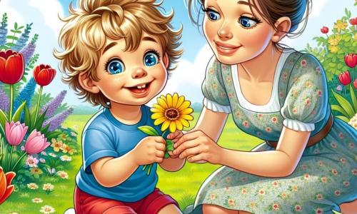 Een jongetje van 2 jaar, met rommelig blond haar en sprankelende ogen van vreugde, zit in het groene gras van zijn tuin. Hij draagt een blauwe t-shirt en een rode short, en hij glimlacht breed terwijl hij een mooie gele bloem in zijn kleine handen vasthoudt. Naast hem knielt zijn moeder, een vrouw van rond de dertig met bruin haar in een knot en een zachte glimlach, om samen met hem de bloem te bewonderen. Ze draagt een lichte jurk met bloemenpatroon en kijkt teder naar haar zoon. De tuin is gevuld met kleurrijke bloemen, zoals rode tulpen, gele narcissen en viooltjes. De lucht is helderblauw met enkele donzige witte wolken. In de verte biedt een majestueuze boom schaduw, en een klein vogeltje zingt op een tak, wat leven toevoegt aan deze lentescène. In deze illustratie ruikt het jongetje de bloem die hij heeft gevonden, verwonderd door zijn schoonheid, terwijl zijn moeder hem aanmoedigt met een vriendelijke blik.