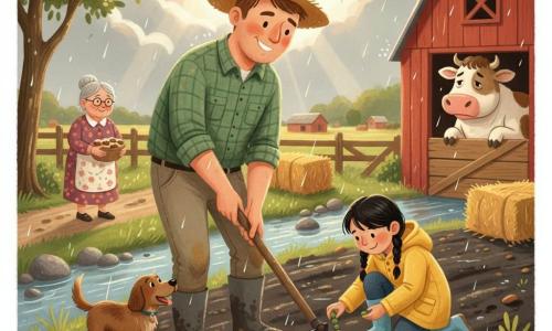 A smiling but focused farmer (30–40) with a round freckled face, short chestnut hair under a straw hat, green plaid shirt, canvas pants and muddy boots holds a hoe repairing a furrow in dark wet soil; to his right kneels Nia, about 8, with black braids and a yellow raincoat gently planting a pea; Mrs. Bell, about 60, in a floral dress offers a basket of muffins from a dirt path at left; Moss, a medium brown dog, wags by the farmer’s boots and Daisy the cow peers from a red wooden barn at right; the scene is a black wet field by a stony stream with green grass, hay bales and a partly gray sky pierced by sun rays after a light shower (drops on leaves, sticky mud), calm attentive planting gestures, warm educational atmosphere, rendered in childlike gouache with bright washed colors, soft lines and clear composition for ages 6.