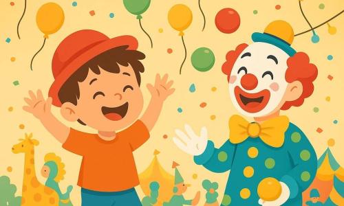 A 2-year-old boy with messy brown hair and a big joyful smile is wearing a bright red hat and shiny yellow shoes. He is enthusiastically dancing at the party with his arms raised to the sky. Next to him, a cheerful clown, around 30 years old, with a white-painted face and a red nose, is juggling colorful balls, laughing and making faces. In the background, a colorful parade is taking place, featuring paper animals and people in vibrant costumes. The venue is filled with floating balloons, fairy lights, and gently falling confetti. The scene shows the boy clapping and laughing, amazed by the magic of the carnival.
