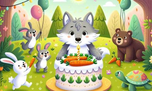 Un pequeño lobo de pelo gris y grandes ojos brillantes, con una amplia sonrisa, se encuentra en el centro sosteniendo un pastel de zanahorias decorado con velas de colores. A su lado, un alegre conejo de grandes orejas y pelaje blanco salta de alegría, sosteniendo una zanahoria gigante en sus patas. Un oso marrón, robusto y amigable, se encuentra al fondo, con una mirada asombrada, mientras una tortuga verde, con un caparazón colorido, se acerca sosteniendo una vela brillante. La escena tiene lugar en un claro encantado, rodeado de árboles con hojas brillantes y flores multicolores, con guirnaldas de globos colgadas de las ramas. El suelo está cubierto de un suave césped verde salpicado de pétalos de flores. La situación principal muestra al lobo y sus amigos celebrando su cumpleaños, cantando alegremente alrededor del pastel, listos para soplar las velas y compartir risas y golosinas.