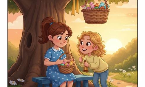 Dois personagens: Clara, 7 anos, cabelo castanho em rabo, vestido de bolinhas azuis e sapatos vermelhos envernizados, sentada à esquerda sob uma árvore, segurando delicadamente um cesto de vime com ovos de chocolate e notas coloridas, olhar concentrado e sorriso suave; Sofia, 7 anos, cabelo loiro encaracolado, moletom amarelo claro e jeans, sentada à direita inclinada para Clara, segurando um pequeno guizo dourado que brilha ao sol, olhos maravilhados. Local: jardim familiar ao pôr do sol com relvado amplo, uma árvore antiga de tronco rugoso com um laço amarelo numa rama, margaridas brancas ao redor, um banco de madeira pintado de azul, pedrinhas pintadas e um caminho de terra. Situação: as meninas descobrem um grande cesto pendurado na árvore e partilham ovos coloridos; atmosfera calorosa, luz dourada e sombras suaves, pequenas pegadas de farinha no chão, atenção centrada nos rostos e no cesto.