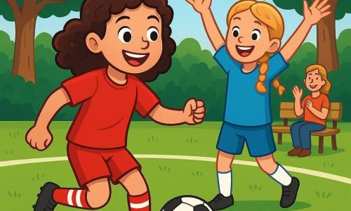 Uma jovem garota, Sofia, de cerca de 10 anos, com cabelos castanhos e cacheados, usa um uniforme de futebol vermelho vibrante com meias listradas. Ela tem um grande sorriso, os olhos brilhando de excitação, e está pronta para driblar uma bola de futebol no campo. Ao lado dela, outra garota, Clara, também de 10 anos, com cabelos loiros trançados, a incentiva levantando os braços, vestindo uma camisa azul. O campo é verdejante, cercado por grandes árvores com folhas brilhantes, com linhas brancas marcadas na grama fresca. Ao fundo, vêem-se pais sentados em bancos, aplaudindo alegremente. Sofia, cheia de energia, está prestes a mostrar seus talentos como jogadora de futebol, pronta para passar a bola para Clara, que espera ansiosamente. É um momento de camaradagem e alegria, onde o espírito de equipe brilha sob o sol radiante.
