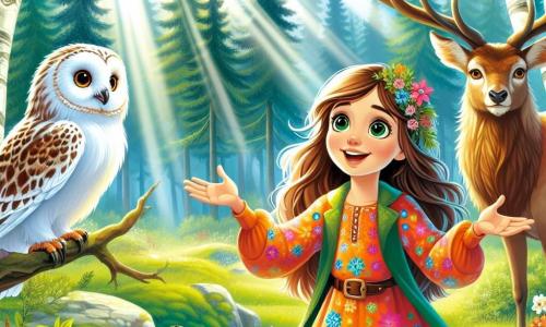 O fetiță de 8 ani, Alina, cu părul lung și brunet și ochii strălucitori de curiozitate, se află în centrul unei poieni luminoase din pădure. Ea poartă o rochie colorată cu flori și are un zâmbet încântat, cu brațele ușor deschise, ca și cum ar primi magia naturii. În dreapta ei, o bufniță măreață cu pene albe ca zăpada, așezată pe o ramură joasă, o privește cu ochi înțelepți și strălucitori, pregătită să împărtășească cunoștințele sale. În stânga, un cerb impunător cu coarne mari și ramificate, cu blana brună aurie strălucind sub soare, stă demn, ascultând cu atenție conversația dintre Alina și bufniță. Locul este o poiană însorită, înconjurată de copaci verzi cu frunze vibrante, unde razele de lumină filtrează printre crengi, creând un joc de umbre dansante pe solul acoperit de mușchi. Flori sălbatice colorate presară solul, adăugând o notă de magie mediului. Situația principală o arată pe Alina, încântată, ascultând bufnița și cerbul, în timp ce aceștia îi împărtășesc lecții de înțelepciune despre natură și schimbare, creând o atmosferă de învățare și uimire.