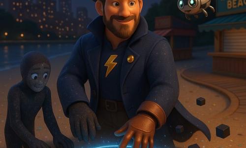 Captain Voltair stands center with a warm, determined face and confident smile, his midnight-blue coat billowing like a cape, a glowing lightning badge on his chest and copper gloves with small dials; blue luminous wind flows from his palms into a dark sand circle as his silver, ladybug-shaped drone Zip, with green camera eyes, buzzes at his right shoulder filming. To his left, Gloom Glitch—a tall silhouette of dark pixels with sparkling, static-like edges and a shy, peaceful expression—places its hands on the circle to help seal the drain. Small black floating cubes are repelled by a ring of blue light. The scene is Riverwalk Beach at night, an urban beach with a curved wooden boardwalk, a silver river and skyscrapers whose lights are coming back on; the mood is clear, colorful and reassuring as the hero and creature cooperate to close the hole of darkness.