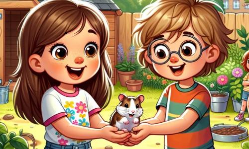 Een 7-jarig meisje, Emma, met lange bruine haren en nieuwsgierige ogen, houdt een klein hamster in haar handen, lachend van trots en blijdschap. Ze draagt een kleurrijk T-shirt met bloemenpatronen en een spijkerbroekshort. Naast haar staat haar vriend Sam, een 8-jarig jongetje met tousled blond haar en ronde bril, die de hamster met verwondering aankijkt, met zijn armen over zijn borst gekruist. Hun omgeving is een zonnige tuin vol kleurrijke bloemen en groene bomen, met een kleine haag die de tuin van de school scheidt. Achterin is een oud houten schuurtje te zien, waar de hamster is gevonden, met tuingereedschap verspreid eromheen. De situatie toont Emma en Sam, beiden opgewonden en blij, nadat ze de ontsnapte hamster hebben teruggevonden, omringd door de schoonheid van de tuin, wat hun avontuur als kleine onderzoekers symboliseert.
