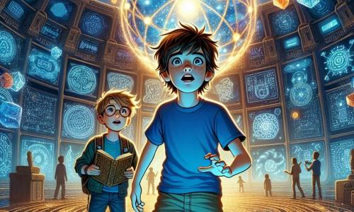 Twee jongens, Raf en Finn, tien jaar oud, staan in het midden van een enorme zaal vol oude technologie. Raf, met rommelig bruin haar en nieuwsgierige ogen, draagt een blauwe t-shirt en een korte broek. Hij staat iets naar voren, met zijn handen op een grote lichtgevende bol die pulserende energie uitstraalt. Finn, met blond haar en ronde bril, staat net achter hem en houdt een oud open boek vast, met verwonderde ogen. De zaal heeft glanzende metalen muren, bedekt met mysterieuze symbolen die zachtjes in het donker glinsteren. In het midden straalt een enorme lichtbol heldere kleuren uit, omringd door zwevende kristallen die in de lucht dansen. Hologrammen van sterrenstelsels en sterren werpen fascinerende schaduwen op de vloer. De jongens ontdekken de Magische Kern van Zora, een bron van kracht en wijsheid, terwijl ze de geheimen van oude technologie onthullen. De sfeer is doordrenkt van mysterie en opwinding, terwijl het licht van de bol hun verwonderde gezichten verlicht.