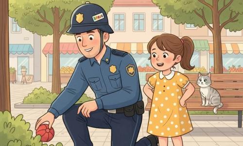 Un policía de unos treinta años, sonrisa amable, arrodillado buscando una pequeña pelota roja detrás de un arbusto mientras ayuda a Clara, una niña de 7 años con coleta castaña y vestido amarillo de lunares, aliviada y sonriente con las manos en las caderas; el gato Nube, blanco y gris, observa sentado en un banco en una plaza de barrio con adoquines claros, árboles verde tierno, tiendas coloridas y un puesto de fruta; luz suave de mañana, ambiente tranquilo y seguro, intercambio humano centrado, estilo cómic limpio con rasgos redondeados y colores cálidos.