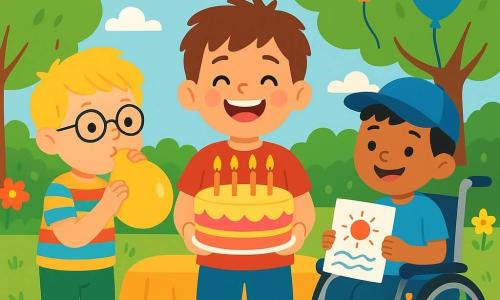 Hay 3 personajes: Pablo, un niño de 7 años con cabello castaño desordenado y una gran sonrisa, que lleva una camiseta roja y un pantalón corto azul, está en el centro sosteniendo un gran pastel de cumpleaños con velas encendidas. Lucas, un niño de 6 años con cabello rubio y gafas redondas, lleva una camisa de rayas multicolores y pantalones verdes; está a la izquierda de Pablo inflando un globo amarillo. Tomás, un niño de 7 años con cabello negro y una gorra azul, está en una silla de ruedas decorada con pegatinas coloridas, a la derecha de Pablo, sonriendo y sosteniendo un dibujo hecho a mano. El lugar es un jardín soleado lleno de flores brillantes y grandes árboles verdes, con una mesa decorada con guirnaldas coloridas y globos flotantes. La situación principal muestra a Pablo, Lucas y Tomás celebrando el cumpleaños de Pablo, riendo alegremente alrededor del pastel, con globos de colores flotando en el aire y sonrisas en sus rostros.
