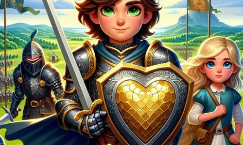 Elio, un giovane cavaliere di dieci anni, si trova coraggiosamente al centro dell'immagine. Indossa un'armatura brillante leggermente troppo grande per lui, con uno scudo scintillante a forma di cuore. Il suo volto è determinato, con occhi pieni di coraggio e un sorriso sicuro. Accanto a lui, Lia, una ragazza astuta di nove anni, è armata di un elegante arco, con i lunghi capelli che fluttuano al vento. Osserva attentamente il paesaggio, pronta ad aiutare il suo amico. Milo, un ragazzo di otto anni, è leggermente indietro, con un'espressione preoccupata ma determinata, mentre tiene una spada di legno. Il decor è un vasto campo di battaglia, disseminato di vecchie armature arrugginite e bandiere sbiadite che fluttuano nel vento. All'orizzonte si stagliano colline verdi sotto un cielo blu brillante, con alcune nuvole bianche e soffici. La scena principale mostra Elio, pronto ad affrontare il Cavaliere Nero, una figura imponente che si erge davanti a lui in una postura provocatoria. Le ombre danzano intorno a loro, creando un'atmosfera misteriosa e avvincente, mentre il vento soffia dolcemente, portando un brivido di eccitazione nell'aria.