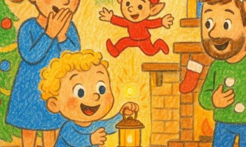 Ein zweijähriger Junge mit rundem Gesicht und blonden Locken hält staunend und lächelnd eine kleine, leuchtende Weihnachtslampe; ein kleiner, schelmischer Elf mit hellem Teint und spitzem roten Mütze springt von einem Regal auf den Teppich; links steht die etwa 30-jährige Mutter mit zusammengebundenem braunem Haar und Händen vor dem Mund, rechts der etwa 32-jährige Vater mit kurzem Bart, der heruntergefallene Wattebällchen von seinem Hut aufhebt; das warme Wohnzimmer zeigt einen roten Teppich, einen geschmückten Baum, an der Kaminlatte hängende Strümpfe, sanftes Licht und Schneeflocken an der Fensterdekoration — eine fröhliche, vertraute Weihnachtsszene in lebendigen Farben, einfachen Konturen und Bleistifttexturen.